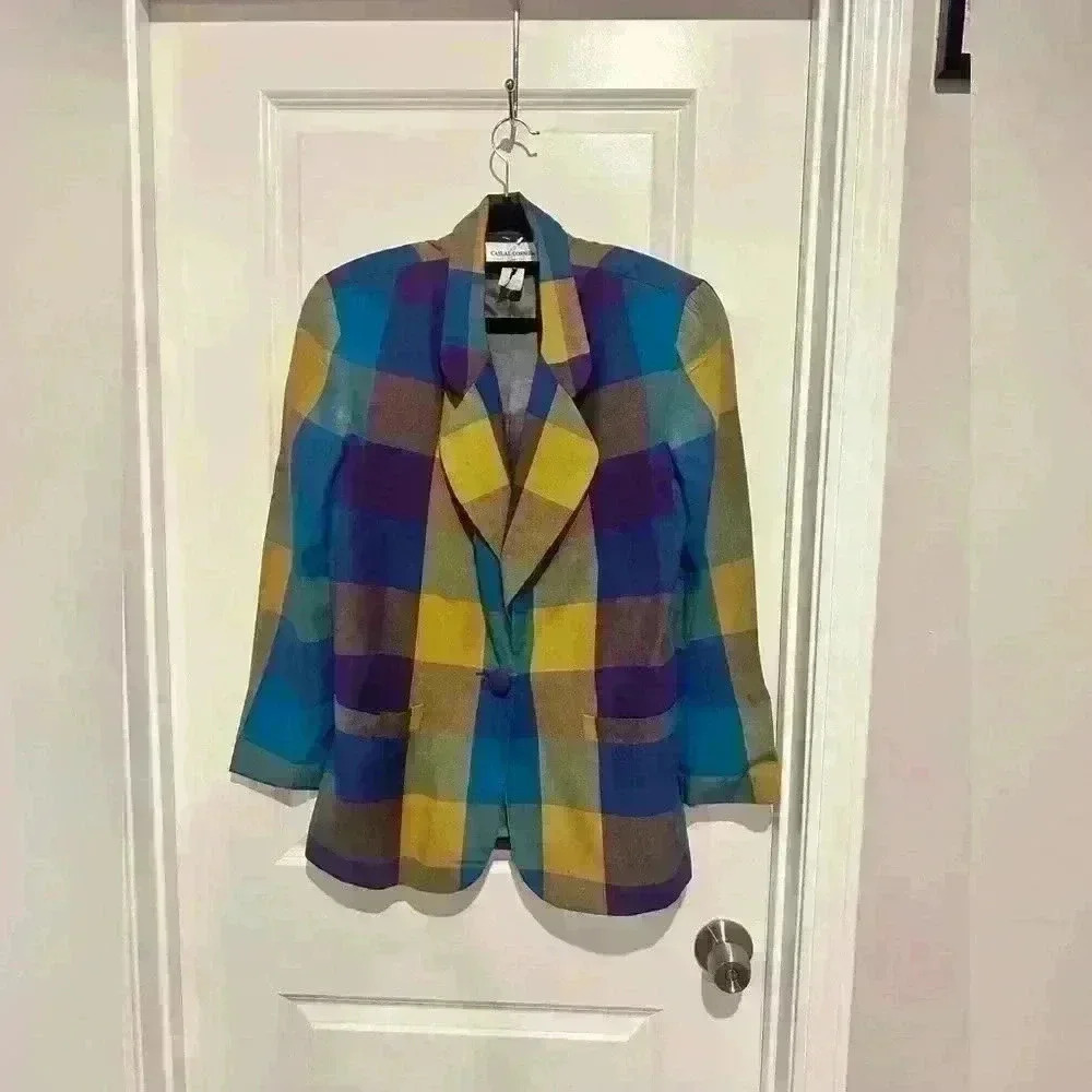 Vintage Casual Corner Blue Yellow and Green Checkered Blazer Sz 6